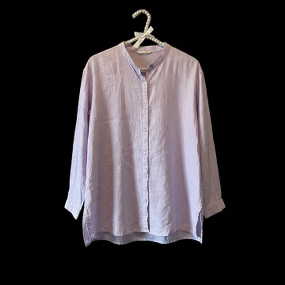 Eileen Fisher Lavender Linen Mandarin‎ Collar Tunic Blouse Long Sleeve Striped